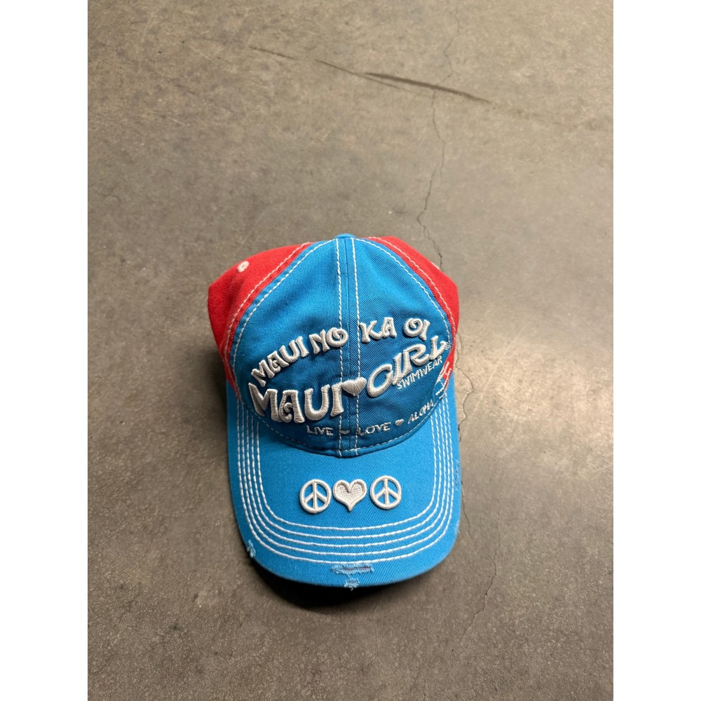 Maui Girl Paia Hawaii Baseball Cap Blue Red Embroidered Aloha Hat Leather Strap
